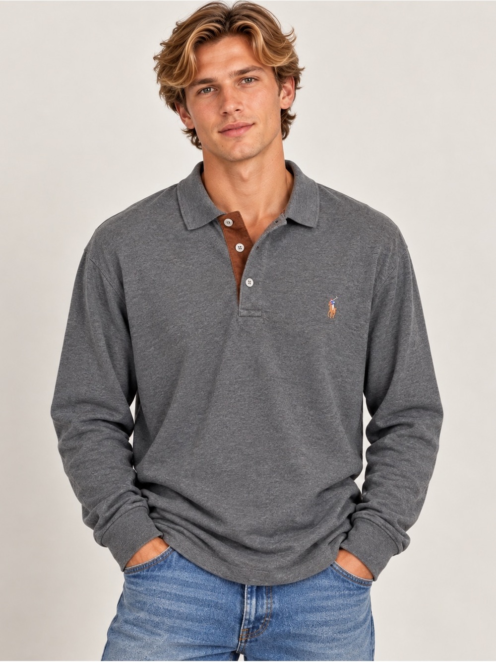 Polo Ralph Lauren Mens L Gray Long Sleeve Polo Shirt Classic Fit Pony Logo